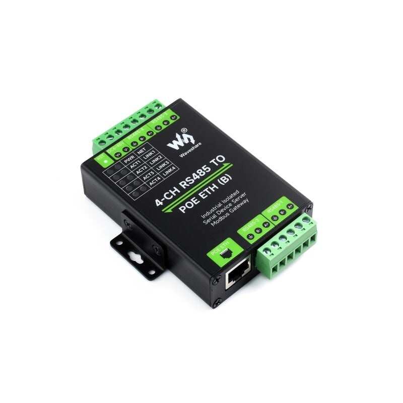 WaveShare 4CH RS485 to RJ45 Ethernet Serial Server med PoE-funktion, monteringsbeslag, industriel isoleret serialmodul