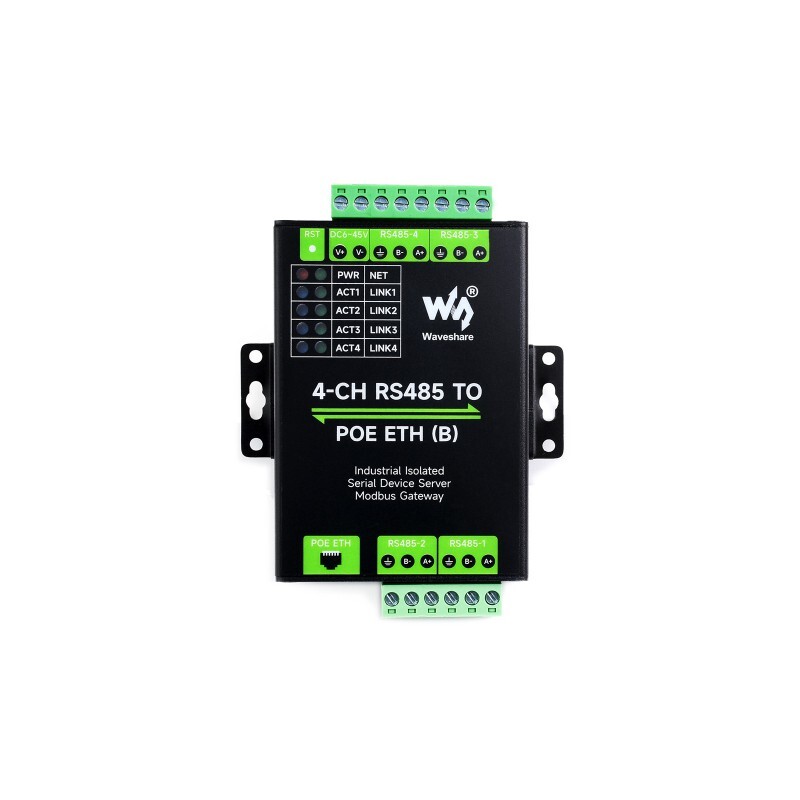 WaveShare 4CH RS485 to RJ45 Ethernet Serial Server med PoE-funktion, monteringsbeslag, industriel isoleret serialmodul