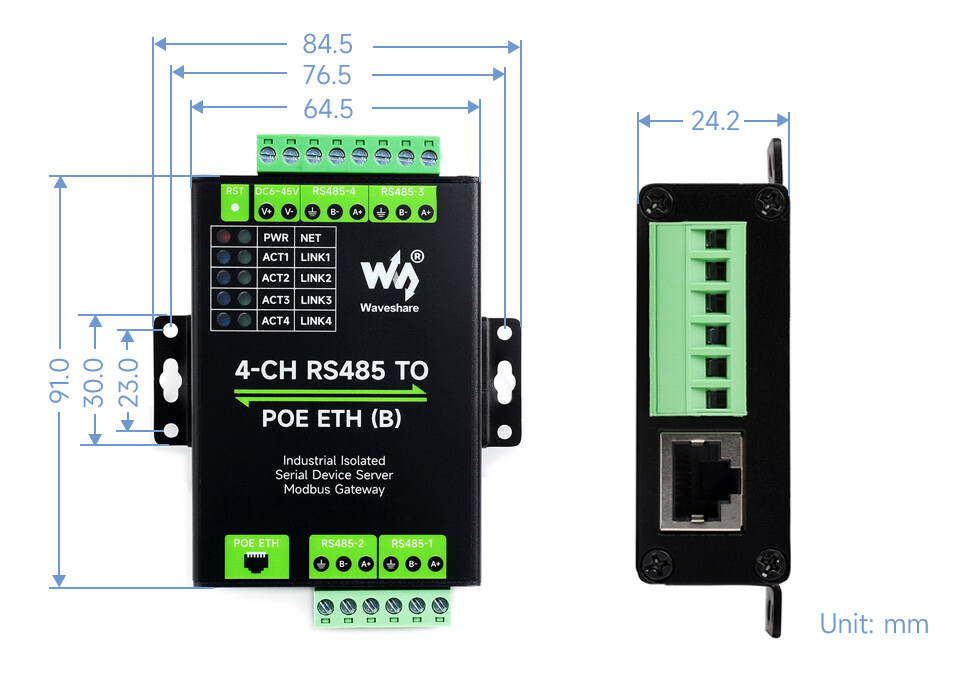 WaveShare 4CH RS485 to RJ45 Ethernet Serial Server med PoE-funktion, monteringsbeslag, industriel isoleret serialmodul