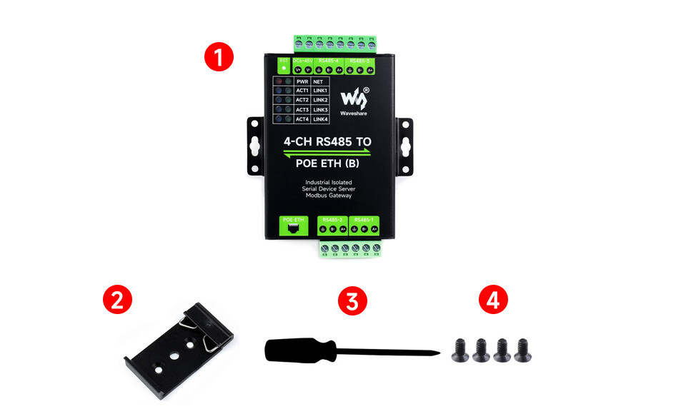 WaveShare 4CH RS485 to RJ45 Ethernet Serial Server med PoE-funktion, monteringsbeslag, industriel isoleret serialmodul
