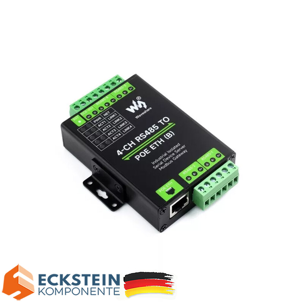 WaveShare 4CH RS485 to RJ45 Ethernet Serial Server med PoE-funktion, monteringsbeslag, industriel isoleret serialmodul