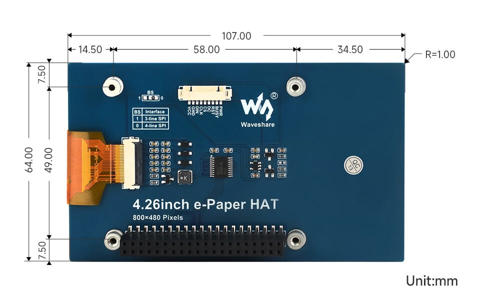 WaveShare 4,26 Zoll E-Paper Display HAT 800x480 Schwarz/Weiß SPI für Raspberry Pi Arduino Jetson Nano