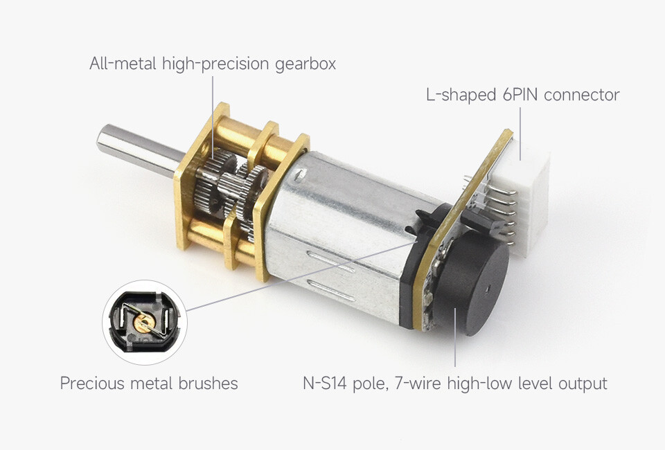 WaveShare N20 DC Geared Motor med magnetisk Hall-encoder med L-formet 6PIN-stik