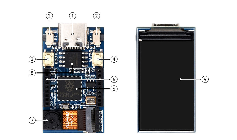 WaveShare RP2040 Mikrocontroller Kameraudviklingskort med HM01B0 gråtonekamera og 1,14 tommer IPS LCD-display
