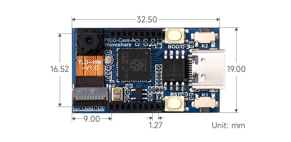WaveShare RP2040 Mikrocontroller Kameraudviklingskort med HM01B0 gråtonekamera og 1,14 tommer IPS LCD-display