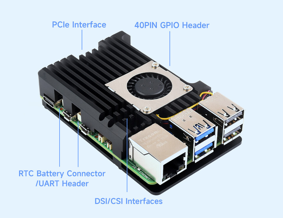WaveShare Aluminiumkasse (H) für Raspberry Pi 5 mit temperaturbestyrret ventilator