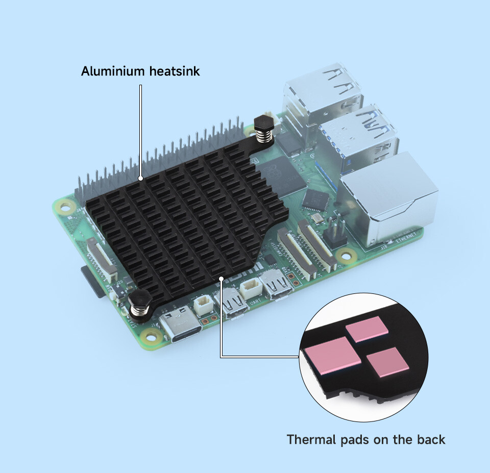 WaveShare Aluminium køleplade til Raspberry Pi 5 med termiske pads og fjederbelastede stik