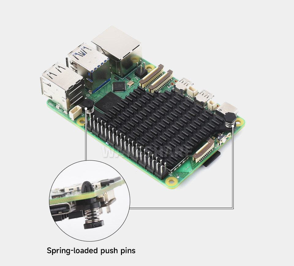 WaveShare Aluminium køleplade til Raspberry Pi 5 med termiske pads og fjederbelastede stik