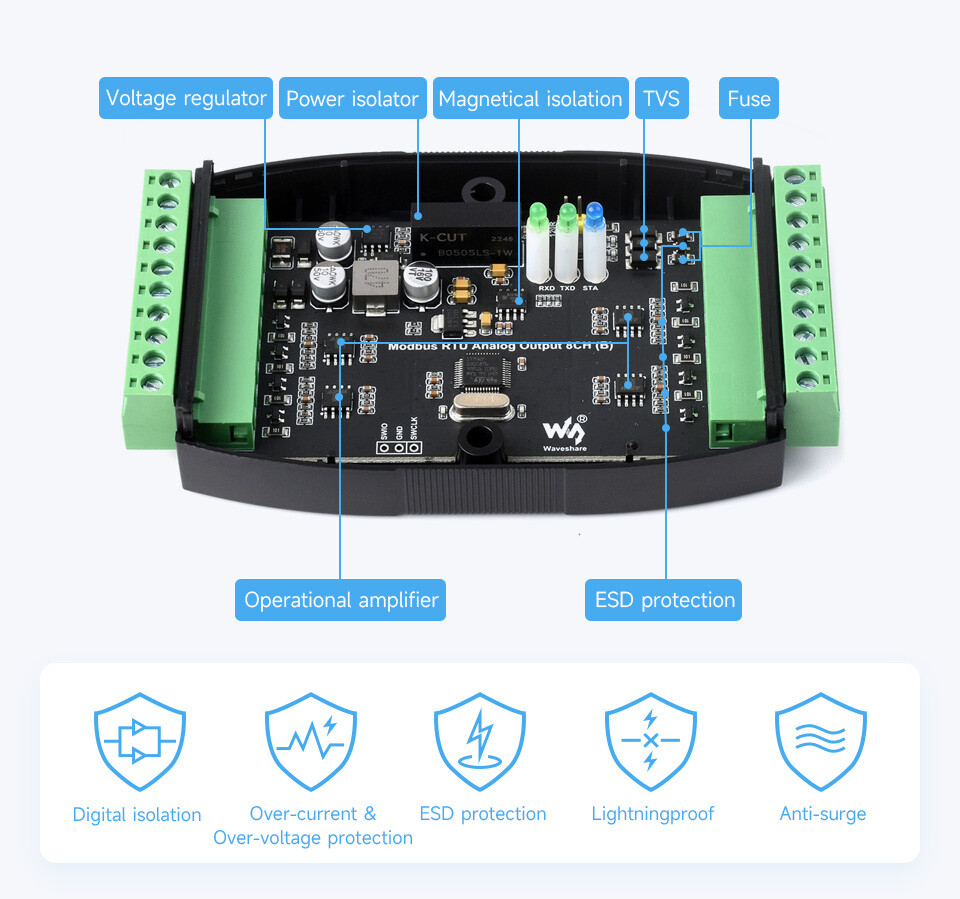 WaveShare Industrielle 8CH Analoge Strømudgangsmodul 12-bit DA-konvertering