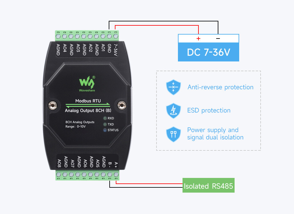 WaveShare Industrielle 8CH Analoge Strømudgangsmodul 12-bit DA-konvertering
