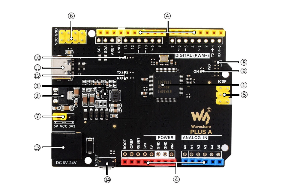 WaveShare R7FA4 PLUS A Udviklingskort (R7FA4M1AB3CFM) Kompatibel med Arduino UNO R4 Minima