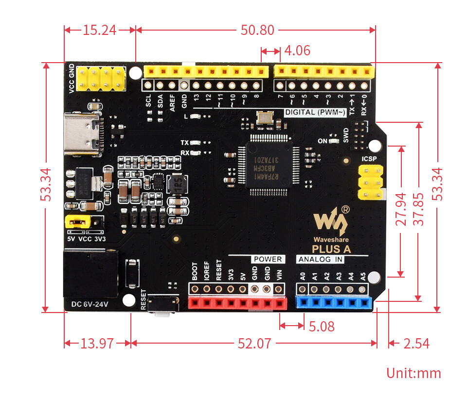 WaveShare R7FA4 PLUS A Udviklingskort (R7FA4M1AB3CFM) Kompatibel med Arduino UNO R4 Minima