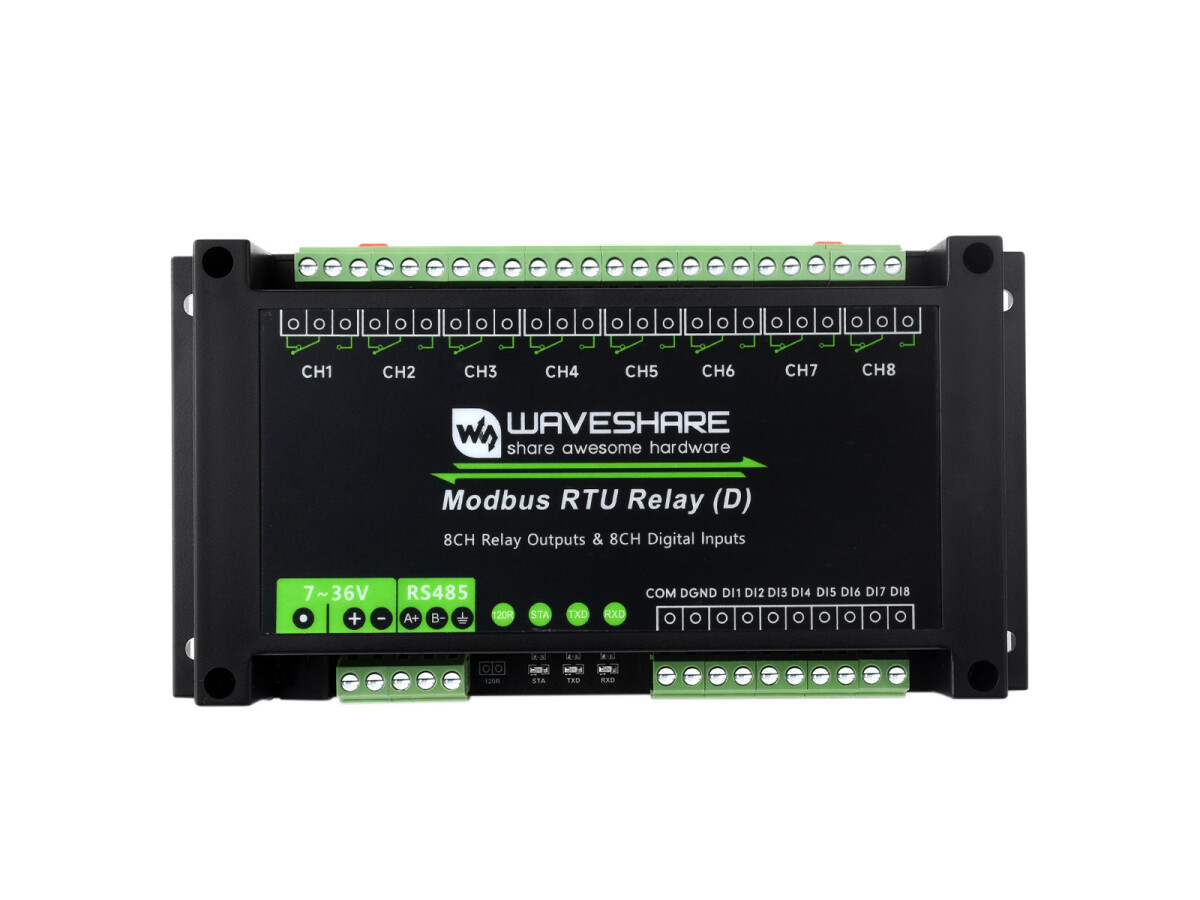 WaveShare Industriemodul Modbus RTU 8CH Relæmodul (D) med digitalt input og RS485-interface