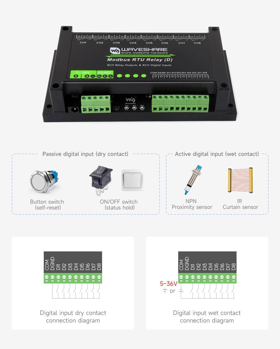 WaveShare Industriemodul Modbus RTU 8CH Relæmodul (D) med digitalt input og RS485-interface