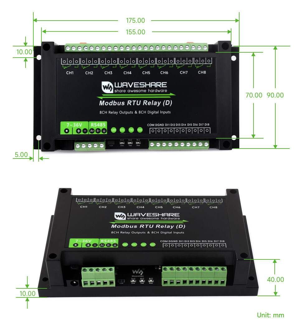 WaveShare Industriemodul Modbus RTU 8CH Relæmodul (D) med digitalt input og RS485-interface