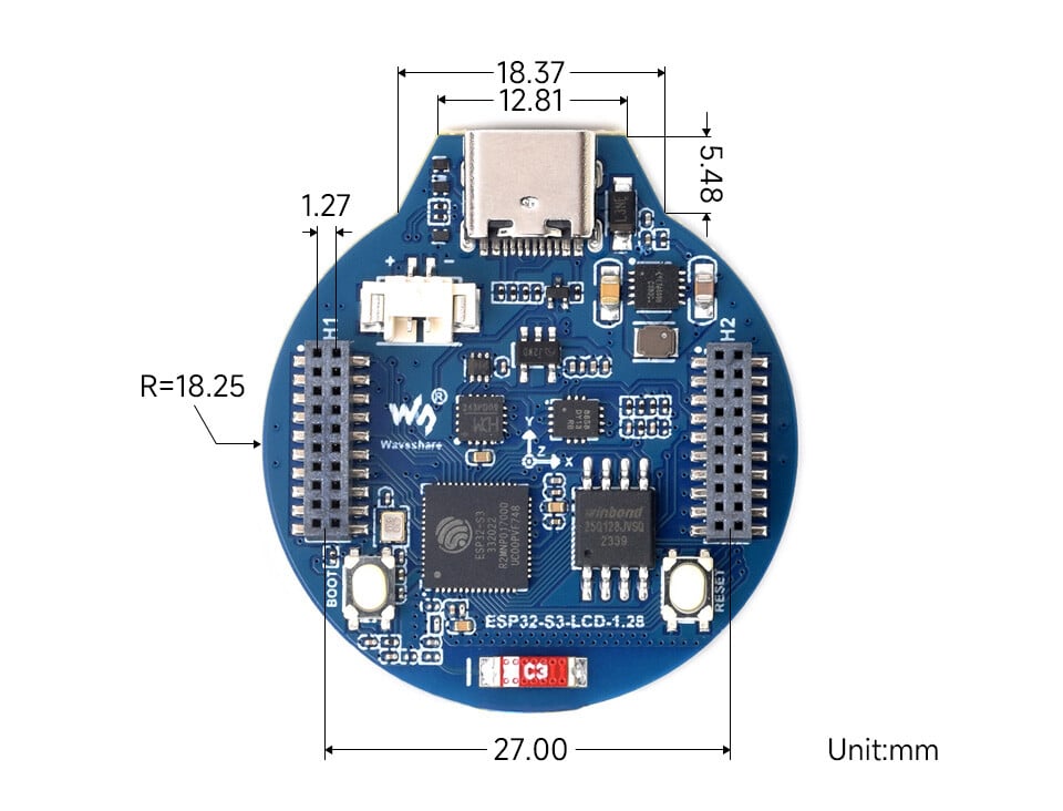 WaveShare ESP32-S3 Udviklingskort med 1,28 tommer IPS Rundt LCD