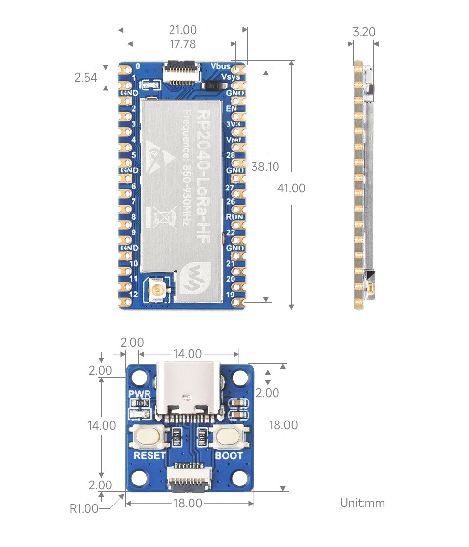 WaveShare RP2040-LoRa Udviklingskort (SX1262) LF med adapterplade FPC-kabel