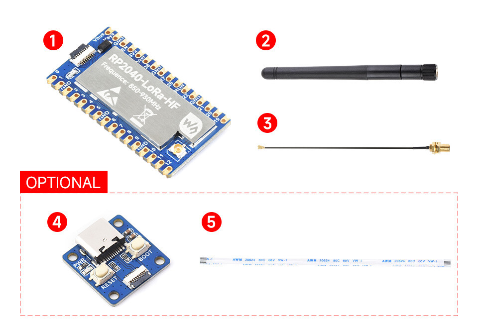 WaveShare RP2040-LoRa Udviklingskort (SX1262) LF med adapterplade FPC-kabel