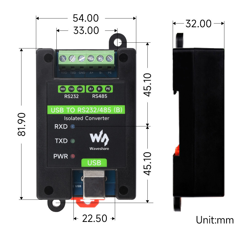 WaveShare USB til RS232/485 Industrielt niveau isoleret converter (FT232RNL)