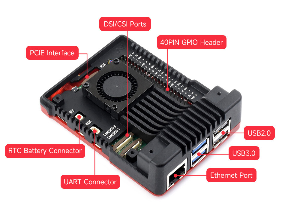 Argon NEO Aluminiumlegeringskabinet Sort/Rød til Raspberry Pi 5 med køleventilator