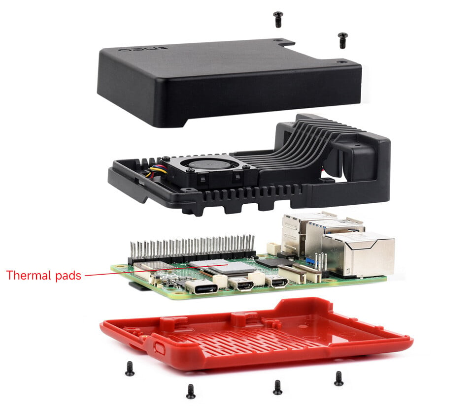 Argon NEO Aluminiumlegeringskabinet Sort/Rød til Raspberry Pi 5 med køleventilator