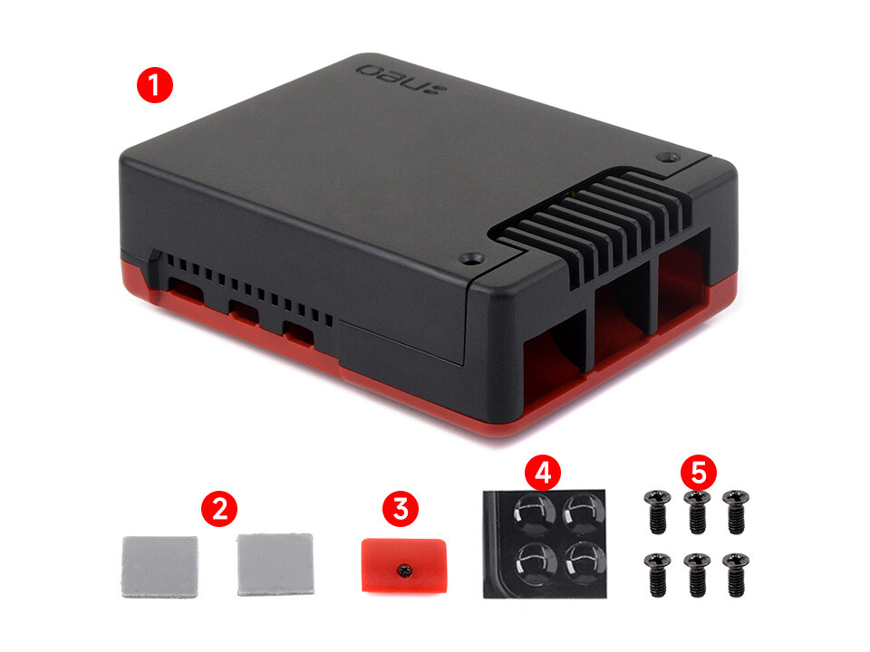 Argon NEO Aluminiumlegeringskabinet Sort/Rød til Raspberry Pi 5 med køleventilator