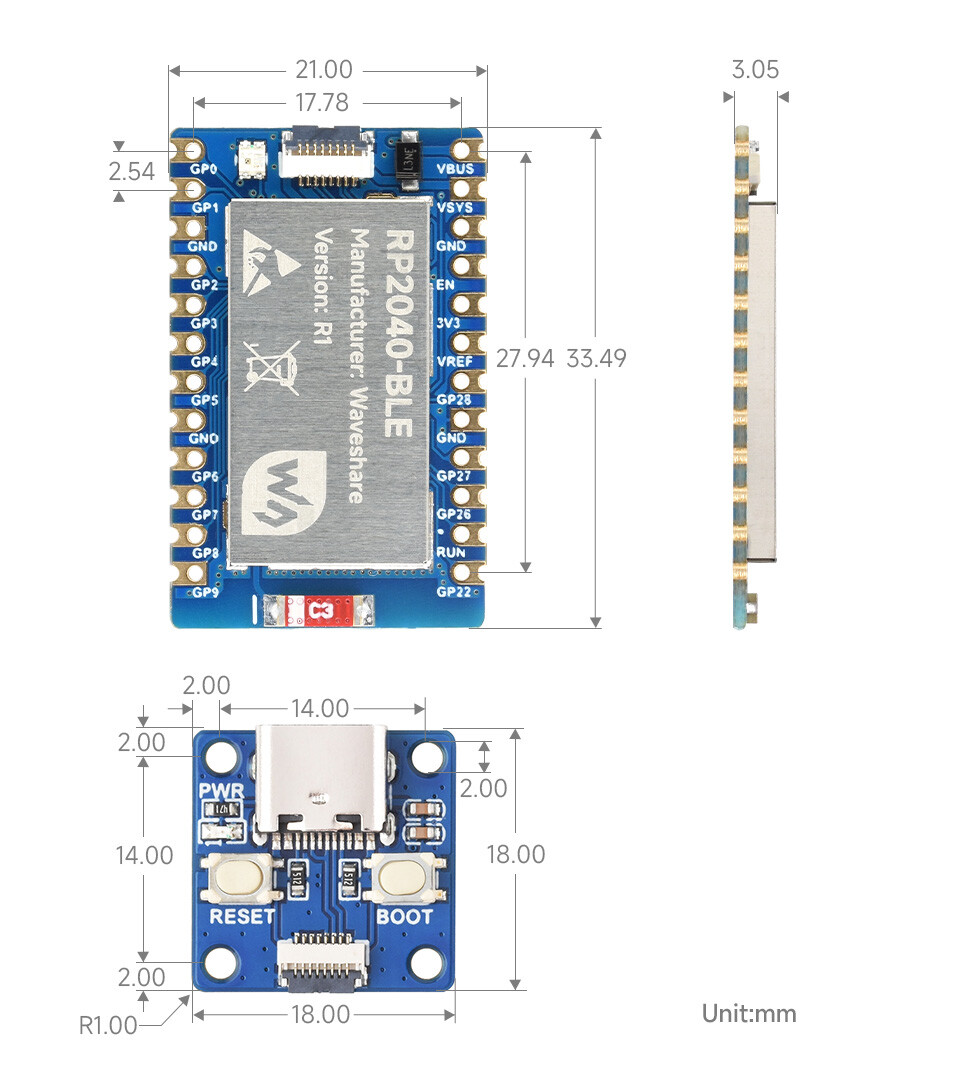 WaveShare RP2040-BLE Udviklingskort understøtter Bluetooth 5.1 Dual Mode