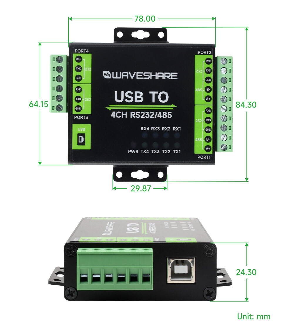 WaveShare Industrielt isoleret USB til RS232/485 converter (FT4232HL)