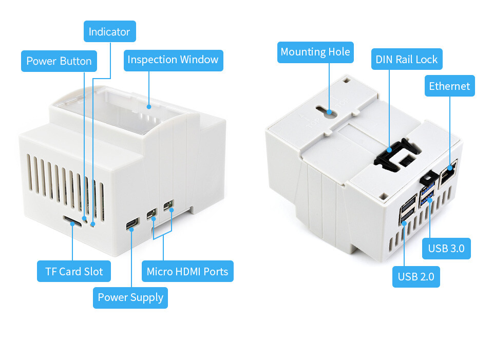 WaveShare ABS-kabinet til DIN-skinne for Raspberry Pi 5, stort indvendigt rum