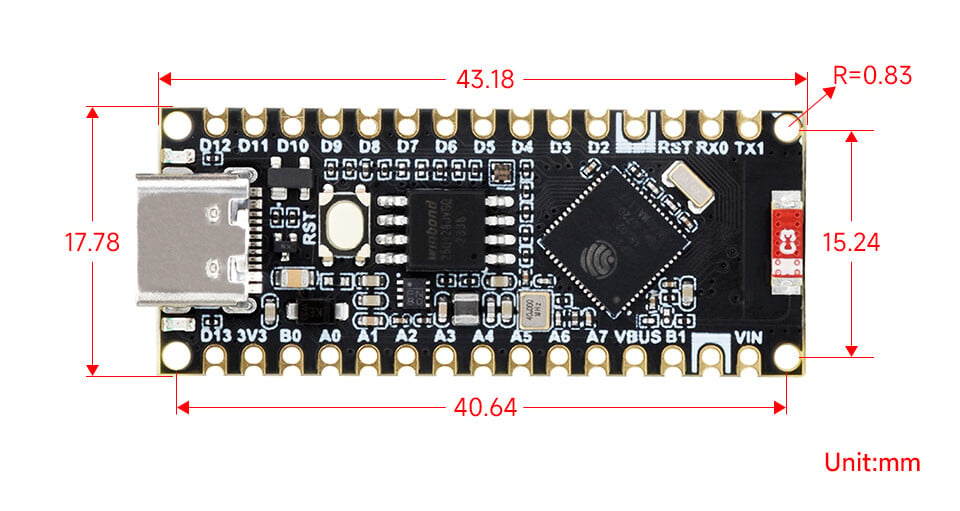 WaveShare ESP32-S3-Nano Udviklingskort (ESP32-S3R8) Kompatibel med Arduino Nano ESP32