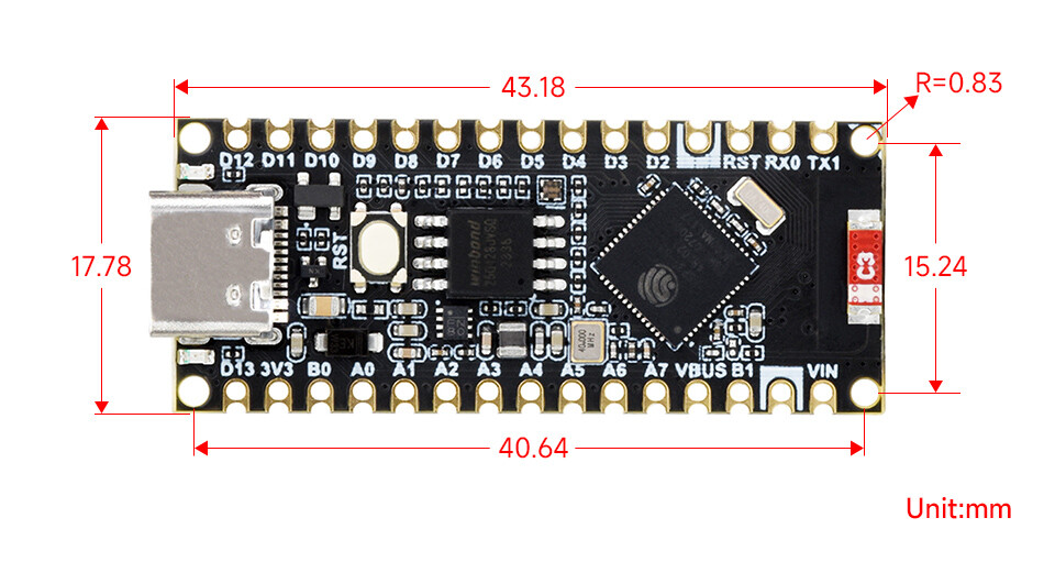 WaveShare ESP32-S3-Nano Udviklingskort (ESP32-S3R8) Uforsyet. Kompatibel med Arduino Nano ESP32