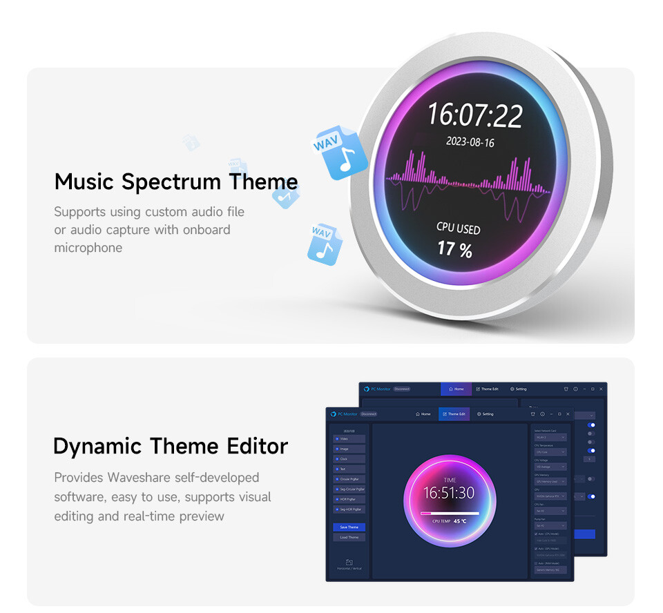 WaveShare 3,4 Zoll USB-Monitor 800x800 Grau mit Musikspektralanalysefunktion