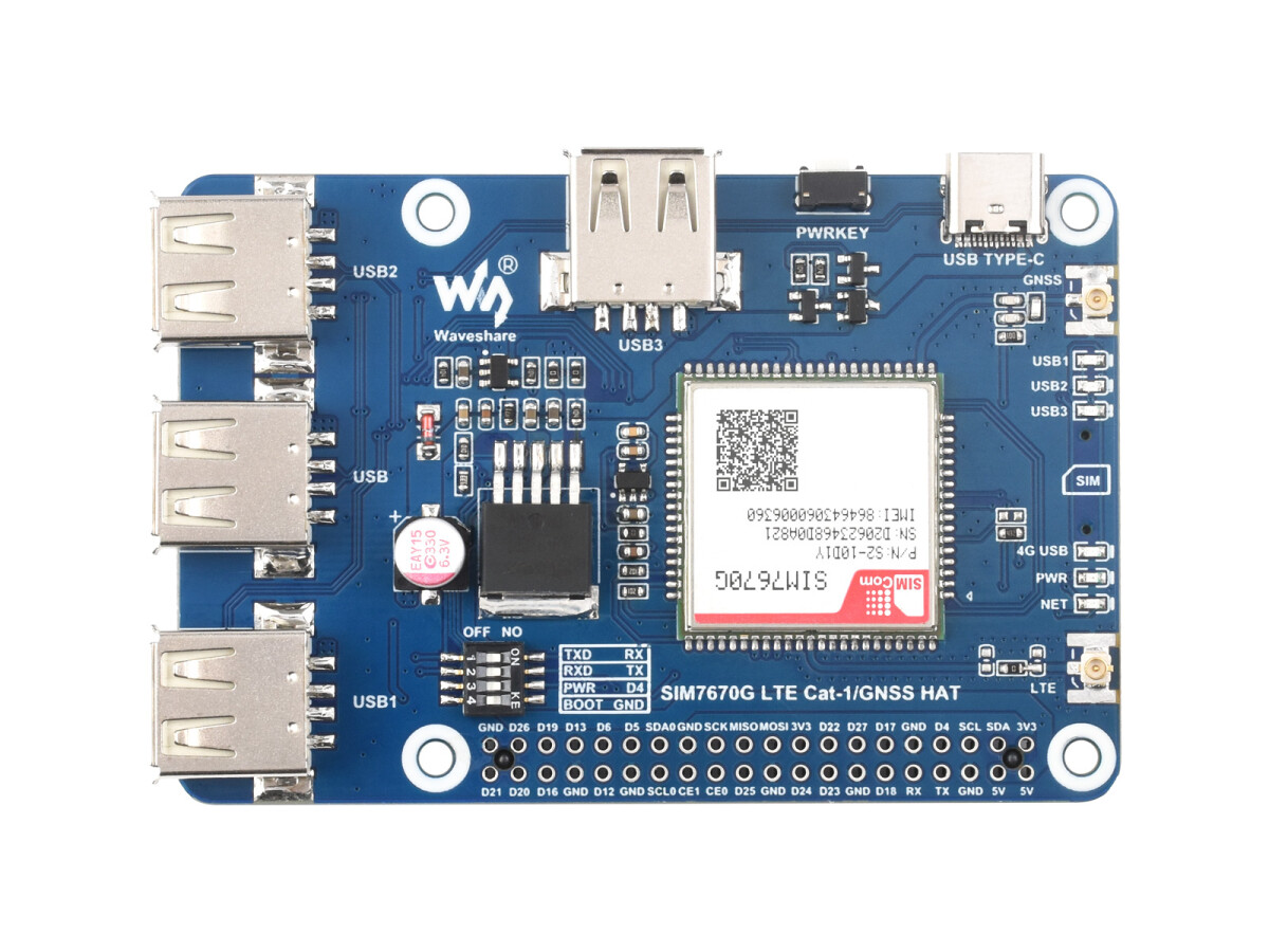 WaveShare Cat-1/GNSS HAT til Raspberry Pi (SIM7670G) Global multi-bånd LTE 4G Cat-1
