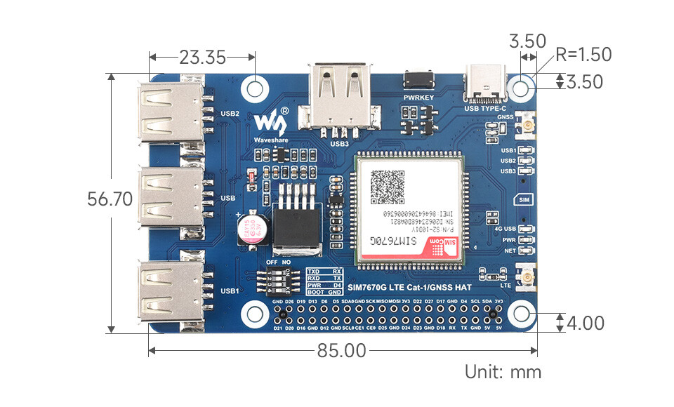 WaveShare Cat-1/GNSS HAT til Raspberry Pi (SIM7670G) Global multi-bånd LTE 4G Cat-1
