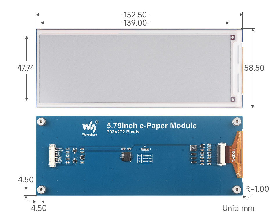 WaveShare 5,79 Zoll E-Paper Modul (B) 792x272 E-Ink Display Rød/Sort/Hvid SPI