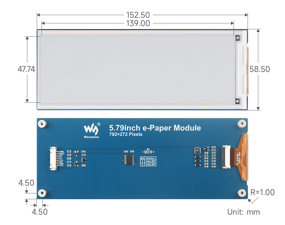 WaveShare 5,79 Zoll E-Paper Display Modul 792x272 Sort/Hvid E-Ink display SPI Interface