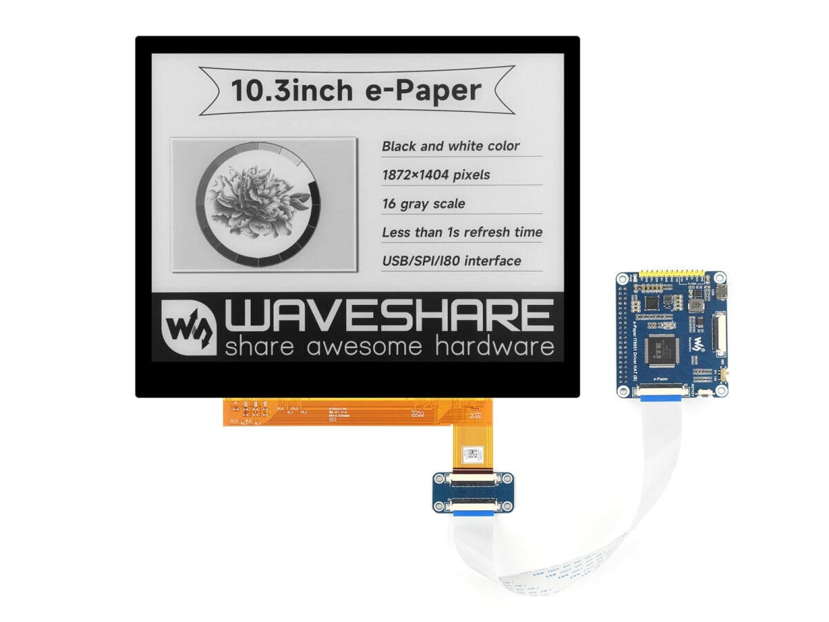 WaveShare 10,3 Zoll E-Paper E-Ink Display (G) 1872x1404 Schwarz/Weiß mit Adapterplatine