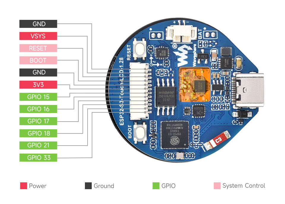 WaveShare ESP32-S3 Udviklingskort med 1,28 tommer Rund Touch LCD CNC Metal Kabinet Accelerometer Gyroskop Sensor