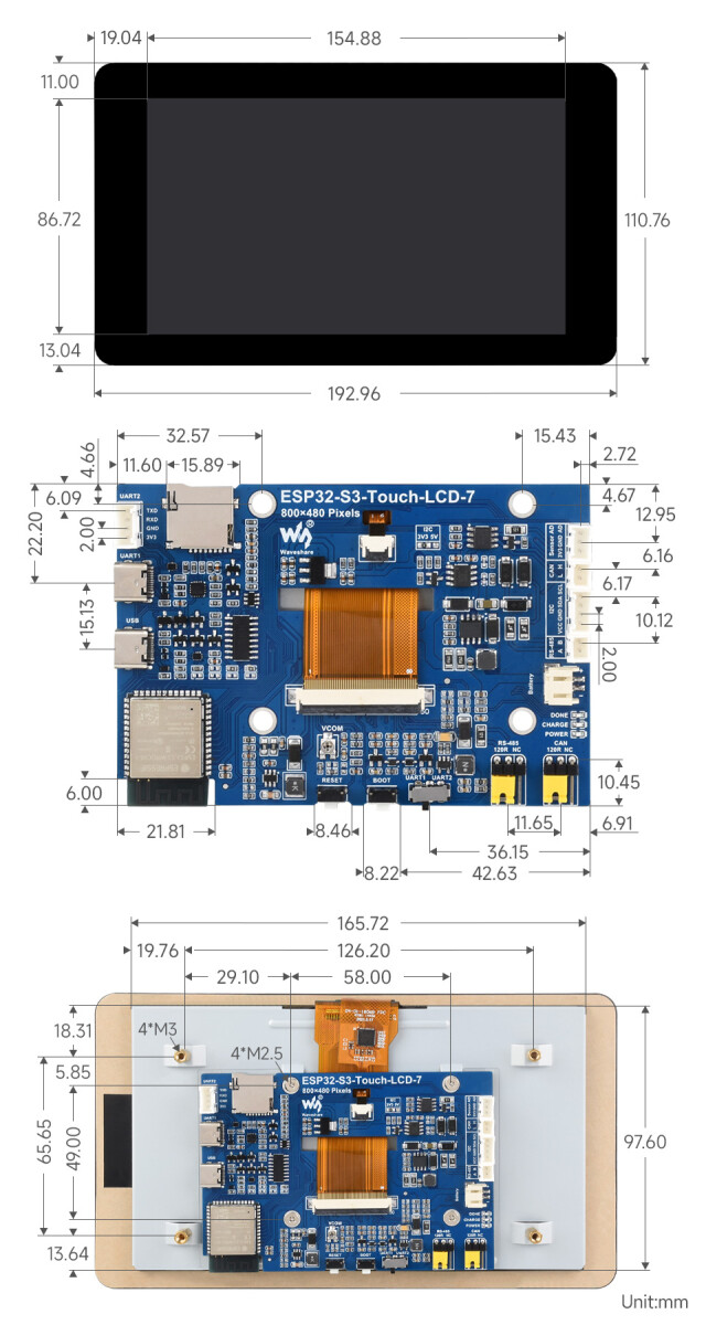 WaveShare ESP32-S3 7 Zoll Touch-LCD Udviklingskort (ESP32-S3N8R8)