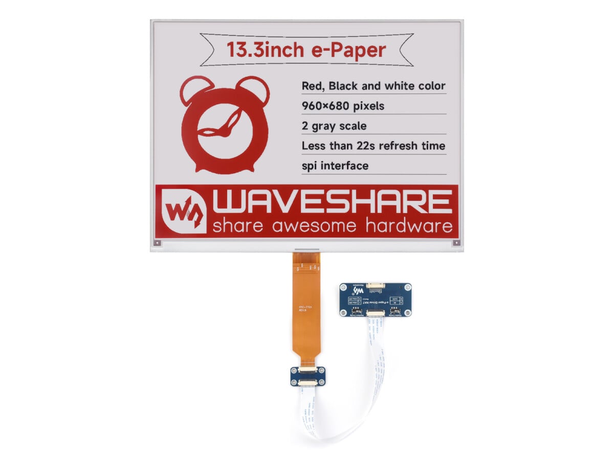 WaveShare 13,3 Zoll e-Paper Display (B) Driver HAT 960x680 Rød Sort Hvid SPI Delvis Opdatering
