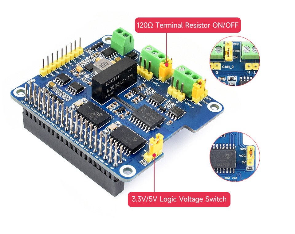 WaveShare 2CH Isoleret CAN Bus Udvidelses-HAT til Raspberry Pi