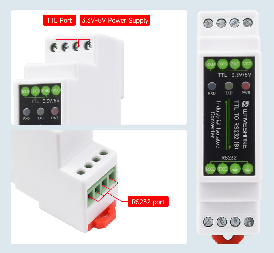 WaveShare Skinnemontér TTL til RS232 Galvanisk Isoleret Konverter Fuld-Duplex Kommunikation Lynsikker Anti-Surge