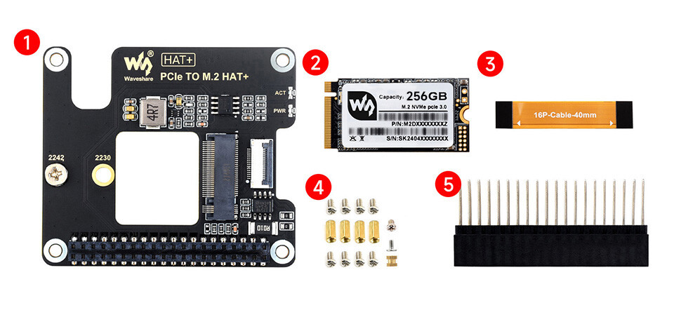 WaveShare PCIe zu M.2 Adapter Basic Kit med 256 GB SSD til Raspberry Pi 5