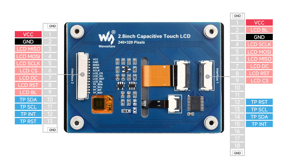 WaveShare 2,8 Zoll LCD-displaymodul 240x320 med touchpanel (ST7789T3 + CST328)