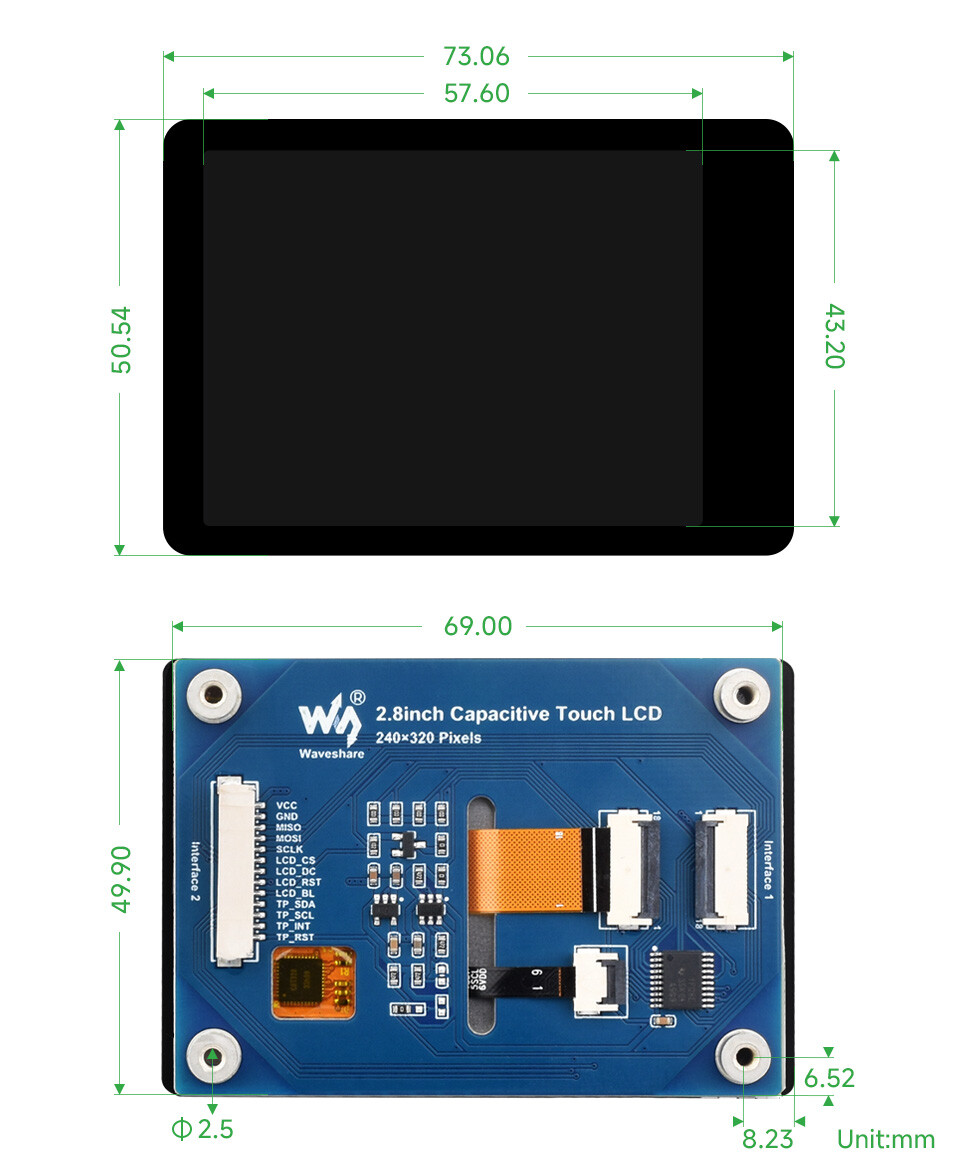 WaveShare 2,8 Zoll LCD-displaymodul 240x320 med touchpanel (ST7789T3 + CST328)