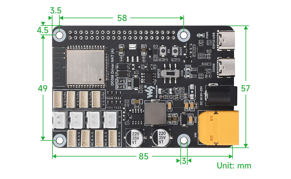 Waveshare DDSM Driver HAT Direkte Servomotor Driver Bord, integrerer ESP32 og kontrolkredsløb
