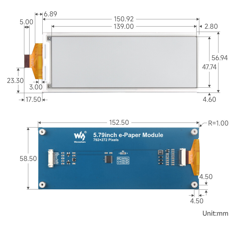 WaveShare 5,79 Zoll E-Paper Display (G) 792x272 Rohdisplay SPI-Interface Rot/Gelb/Schwarz/Weiß