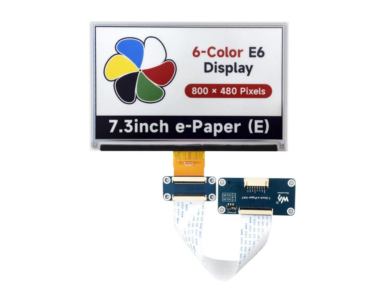 WaveShare 7,3 Zoll 6-farvet E-Paper Display 800x480 med Driver HAT SPI