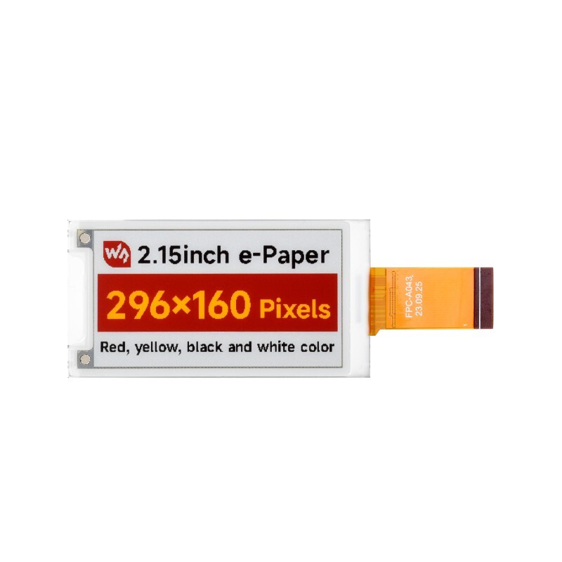 Waveshare 2.15 Zoll e-Papirdisplay (G), E-Ink display, 296x160, Rød/Gul/Sort/Hvid, SPI-interface