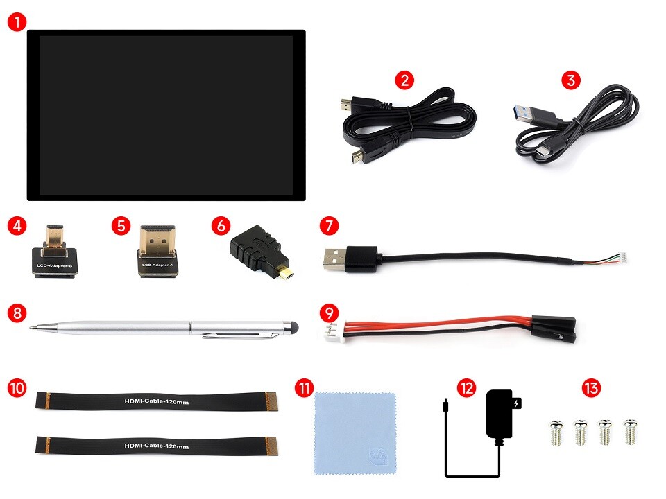 Waveshare 10,1 Zoll kapacitiv berøringsskærm, 1920×1200, optisk limet hård glas, HDMI-interface, IPS, 10-punkts touch